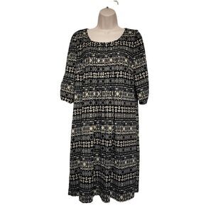 Perceptions New York black tan dress tucks Tribal pattern 3/4 sleeve Misses L